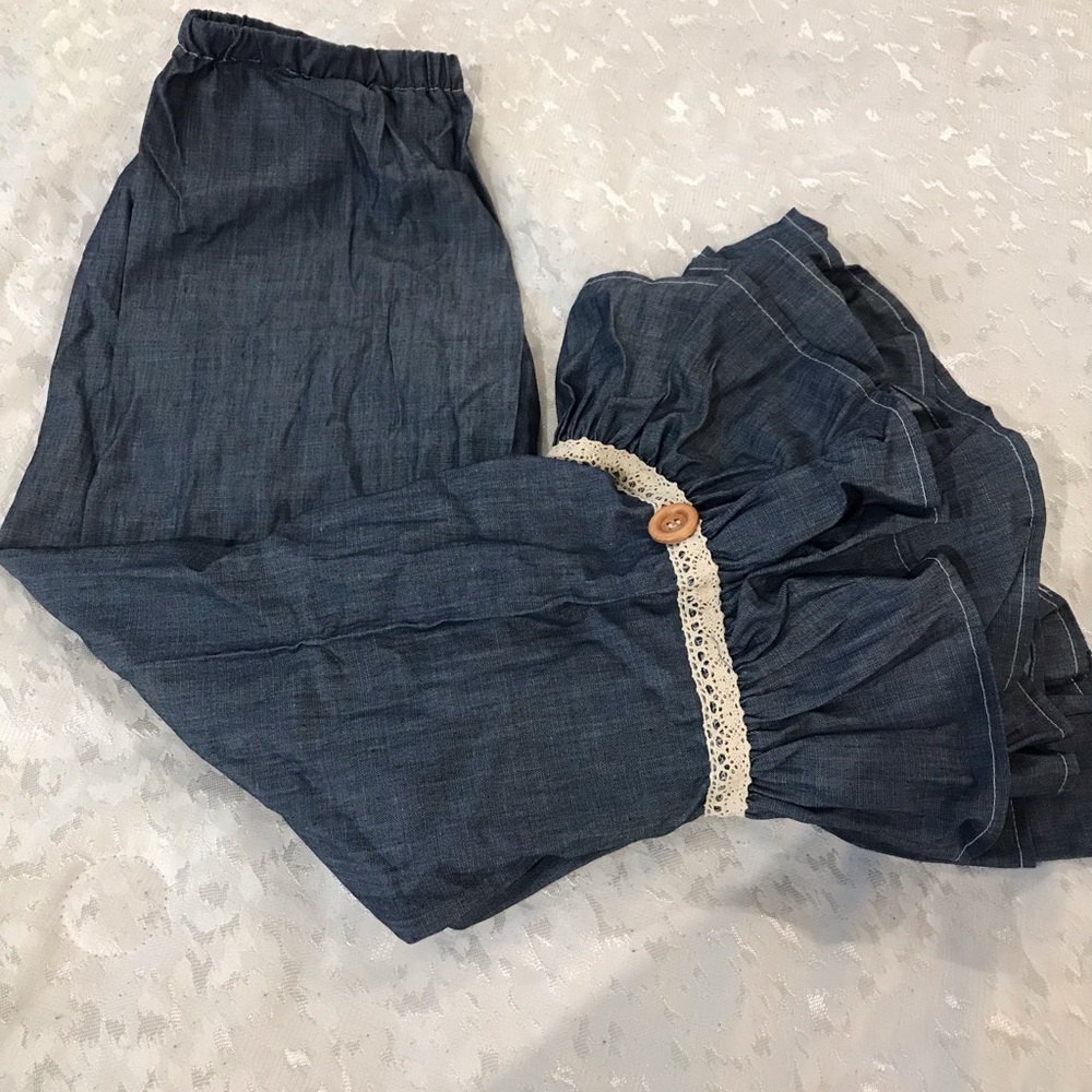 Little Bird Blue Ruffled Denim Pants with Lace Trim